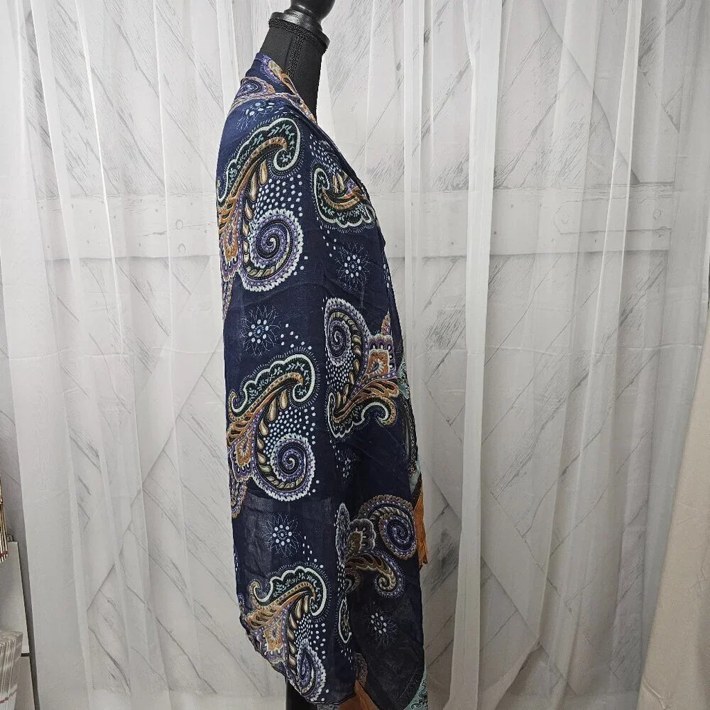 Unbranded Blue Orange Paisley Semi-Sheer Fringed Boho Scarf Shawl